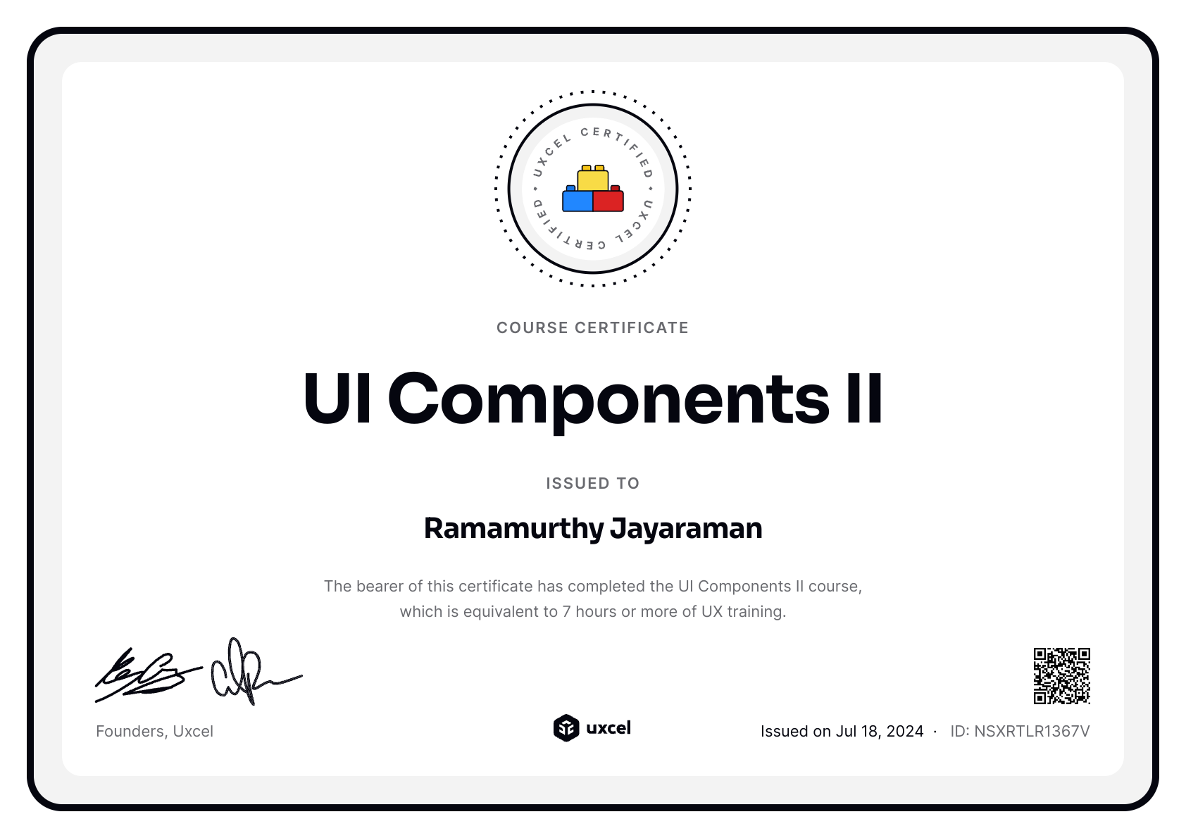 Ramamurthy Jayaraman's certificate